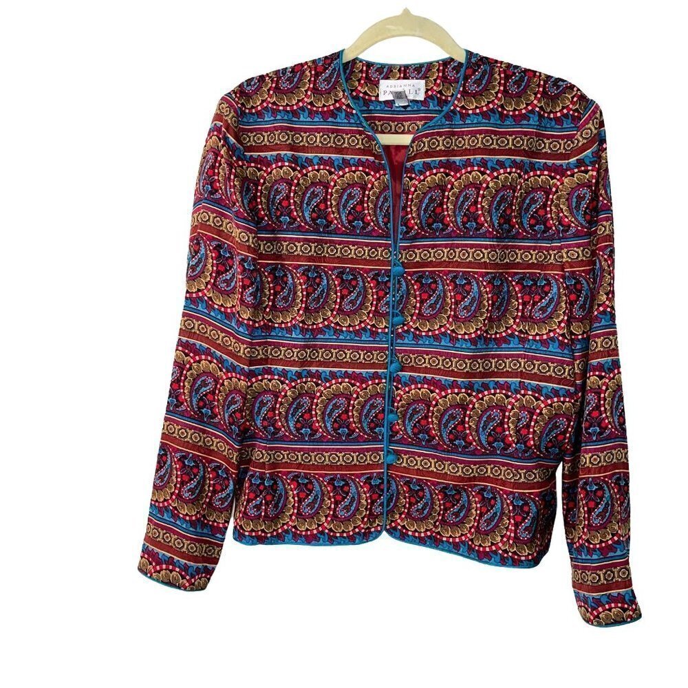 Adrianna Papell Silk Jacket Womens Size 12 Vintage Paisley Print Lined Button
